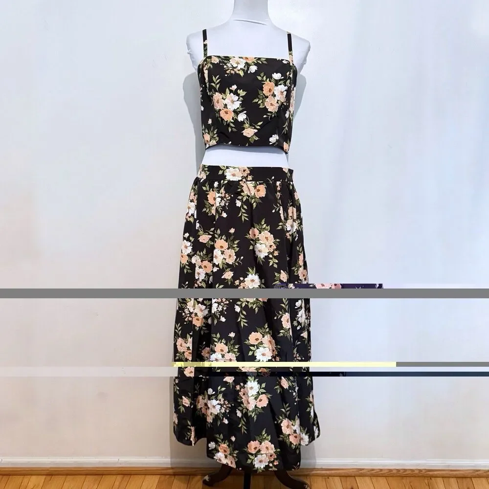 Old Navy The occasion Floral Black Taffeta High Waisted Skirt Crop Top Set XL - Picture 2 of 13